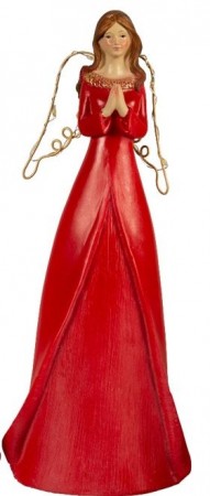 Rød engel med foldede armer og lys i vingene, 27 cm