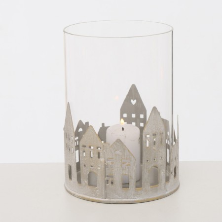 Lykt med glass og hus 10 cm beige