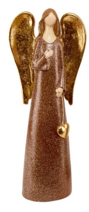 Brun engel med hjerte (hånd på brystet) - 30 cm høy