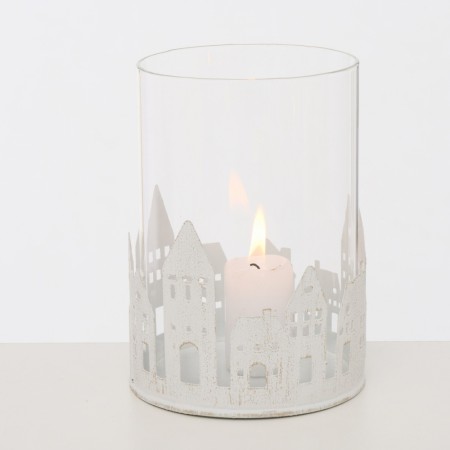 Lykt med glass og hus 10 cm hvit