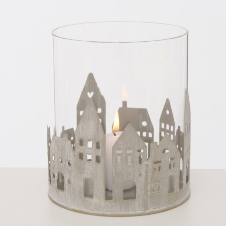 Lykt med glass og hus 15 cm beige