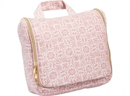 Toalettmappe rosa med oppheng og gulldetaljer