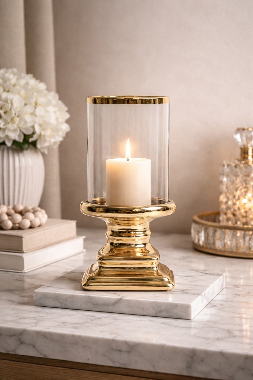 EDEL lyslykt for telys i glass og keramikk D7 H14 cm gull.