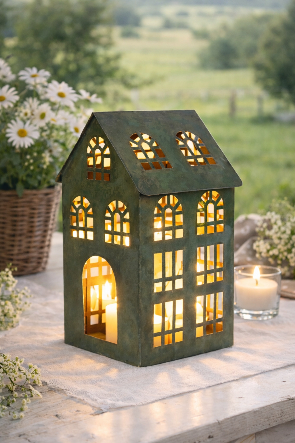 Dette metallhuset er perfekt både som lykt og som dekorasjon. 12 x 13 x 21 cm.