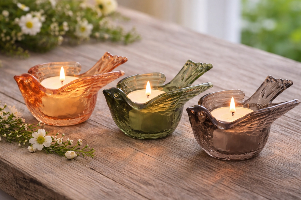 Telysholdere formet som fugler i tre farger; amber, brun og grønn. Prisen er for alle tre. Hver fugl er 13 x 12 x 6 cm.