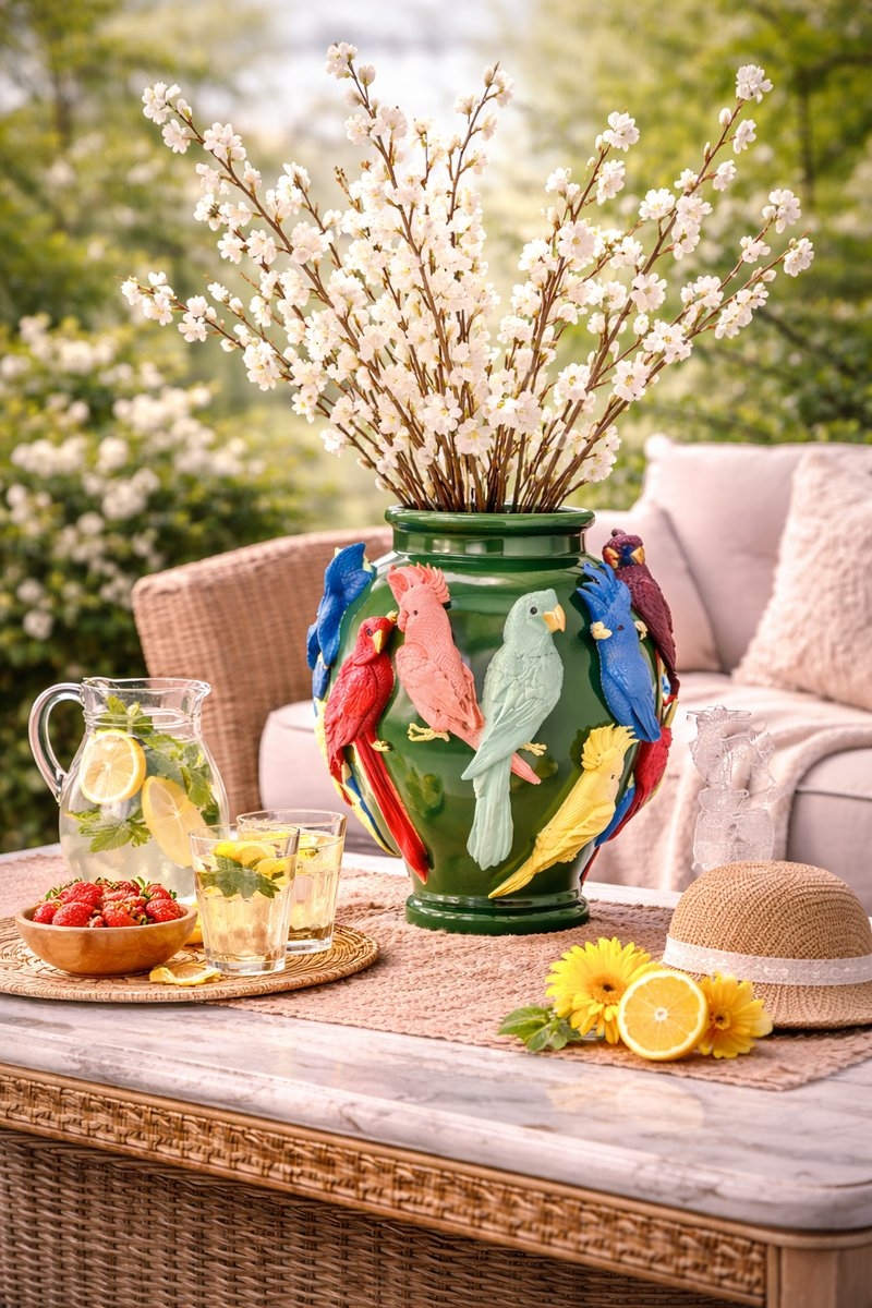 Herlig vase med papegøyer! Vasen er 57 cm høy og 30/32 cm bred. Helt spesiell og veldig artig både med og uten innhold.