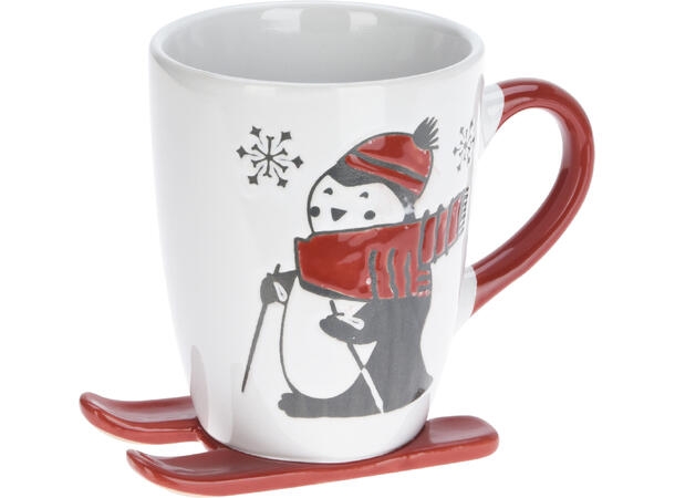 Krus m/ski hvit keramikk, 11cm høyt, 330 ml