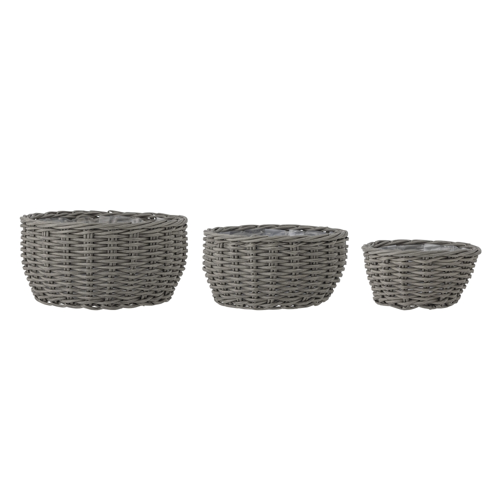 Kraftig plastrotting med plastkledd innside. Mørk grå farge. D 36 x H 17 / D 42 x H 20 / D 50 x H 22 cm. Prisen er for alle pottene.
