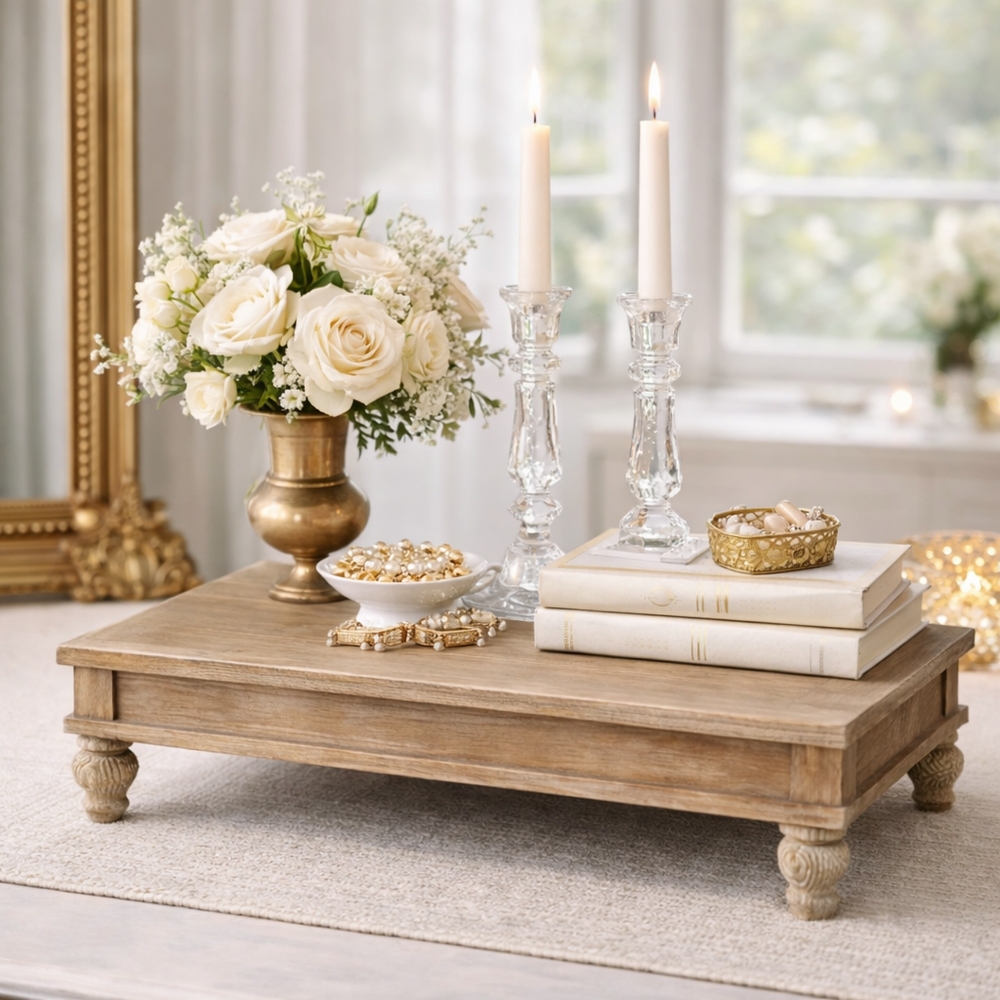 Vis frem dekorasjoner, stearinlys, planter og mer på dette lille sokkelbordet som er laget av tre. Det er fint å skape variasjoner i høyde når man dekorerer på spisebordet, sofabordet, på en hylle, kommoden eller på kjøkkenbenken. 45 x 25 x 15 cm.