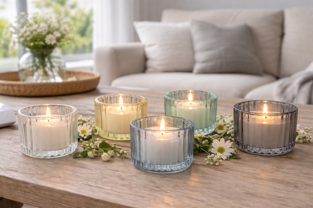 Glassene er 5 x 4 cm. Lys grå, mørk grå, gul, blå og grønn. Vokslys.