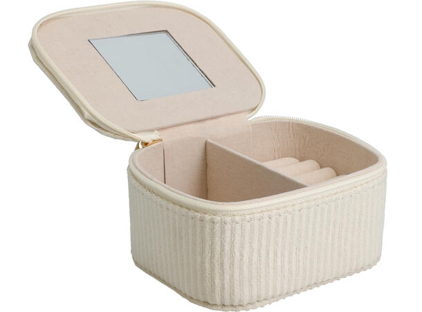 11 x 9 x 5,5 cm. Flere rom og speil i smykkeskrinet. Glidelås i gullfarge.