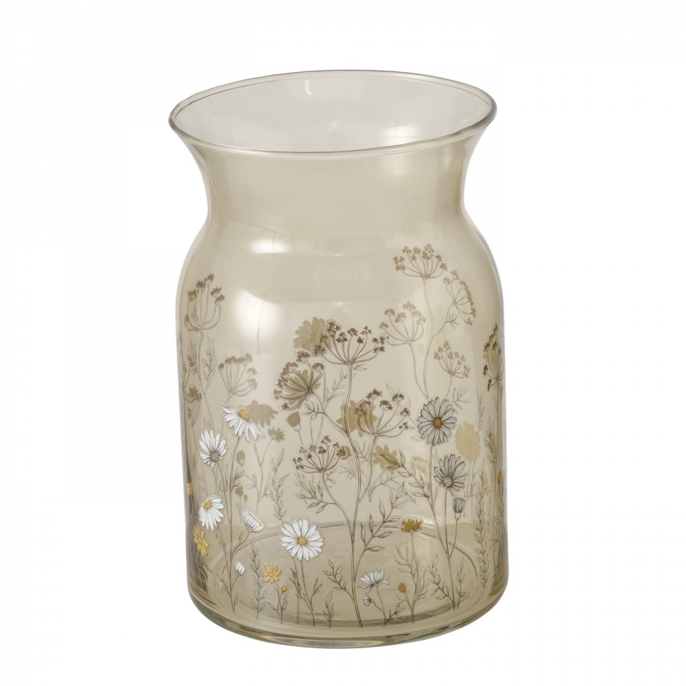 Vasen er laget av glass og den er 21 cm høy.