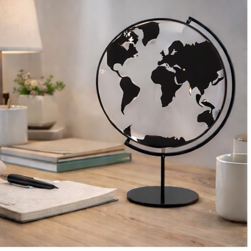 Globusen er flat i sort metall, 21 x 10 x 28 cm.