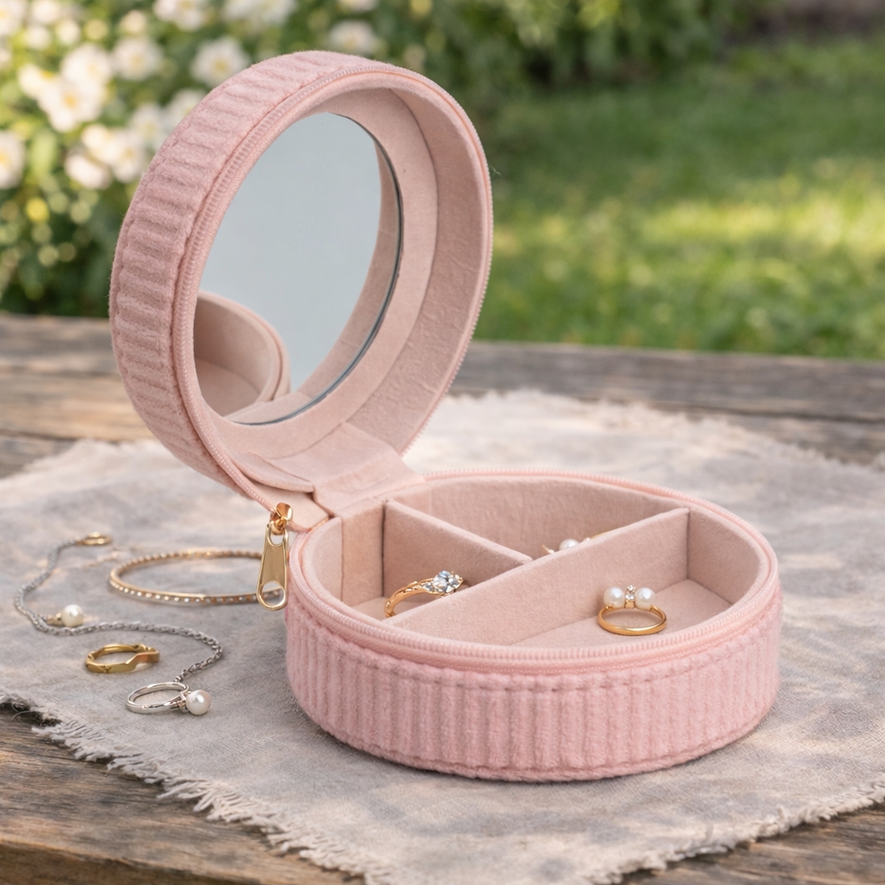 9,5 x 5,5 cm. Flere rom og speil i smykkeskrinet. Glidelås i gullfarge.