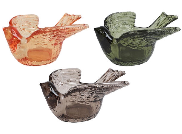 Telysholdere formet som fugler i tre farger; amber, brun og grønn. Prisen er for alle tre. Hver fugl er 13 x 12 x 6 cm.