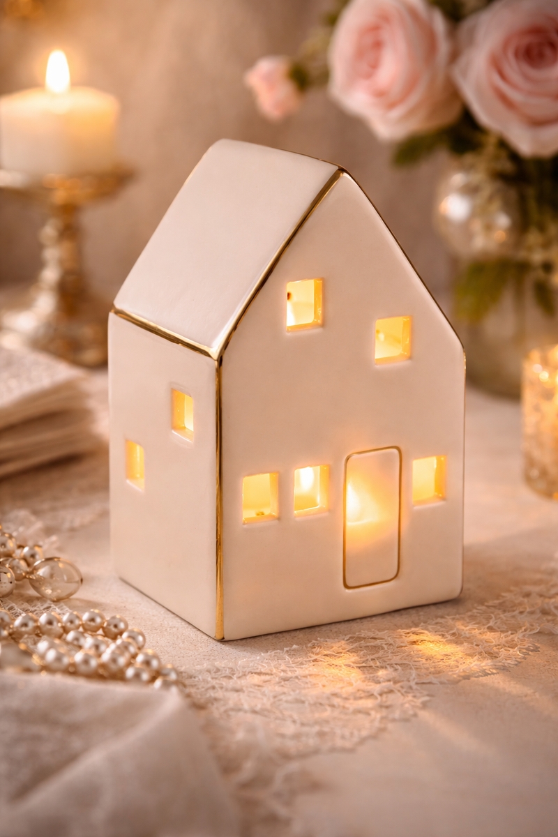 Nydelig lite huse med lys i vinduene og gulldetaljer.
6,3 x 5,2 x 10 cm, 2 x AA batteri.