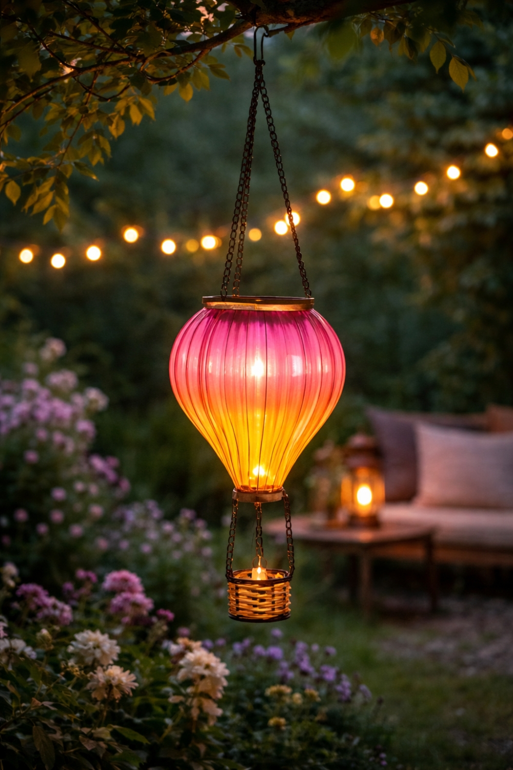 Liten LED-lampe formet som luftballong – Solar/ solcelledrevet, dekorativ i hagen eller på terrassen. 14 x 14 x 45 cm.