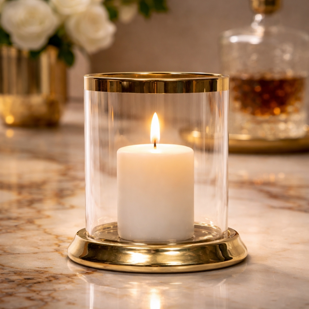 Lyslykt for telys i glass og keramikk D10 H10,5 cm gull.