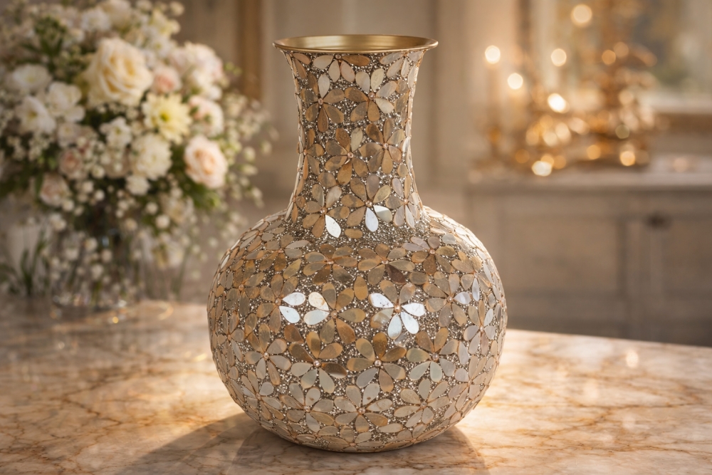 Metallvase med nydelig blomstermønster i mosaikk.  Vasen er 36 cm høy og 26 cm bred. Nøyaktig og flott utførelse.