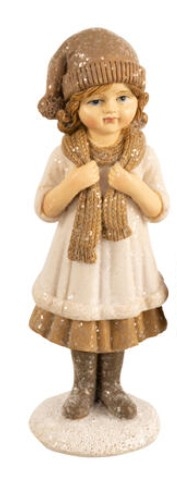 Skjønn jente med skjerf og lue i beige og brun. 12 cm høy.