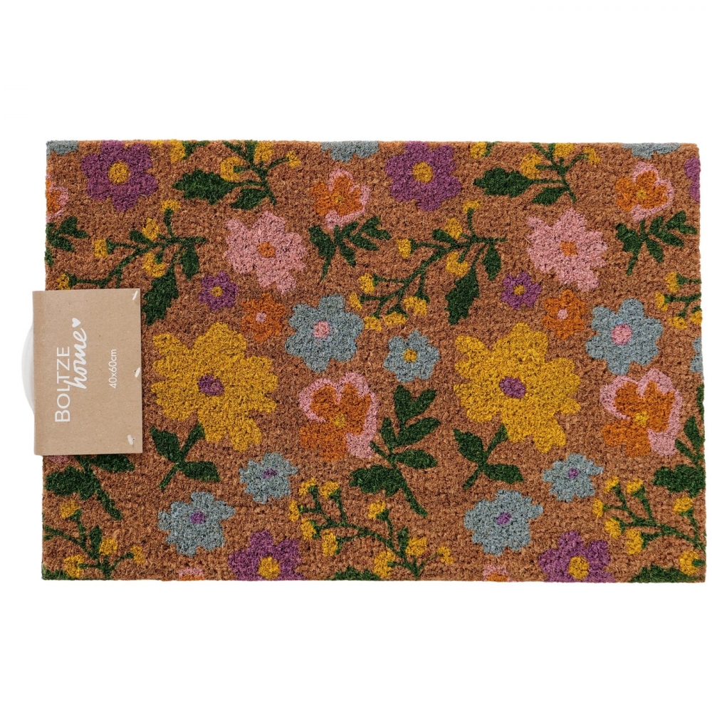 Dørmatten er laget av en kombinasjon av PVC og kokosfiber, med en matt overflatefinish og et flerfarget trykt motiv av blomster. Det rektangulære formatet måler 60 x 40 cm. Den integrerte sklisikringsfunksjonen øker sikkerheten i bruk. 