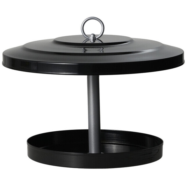 32 cm i diameter og 25 cm høy. Dekorativ og praktisk til fuglefrø.