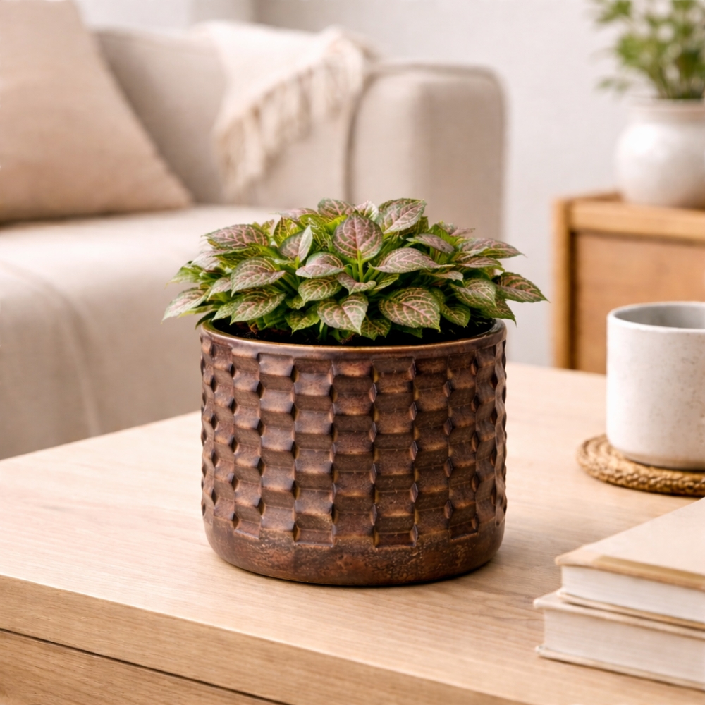 Burgunderbrun potte med fint mønster - diameter og høyde er 14,5 cm. 