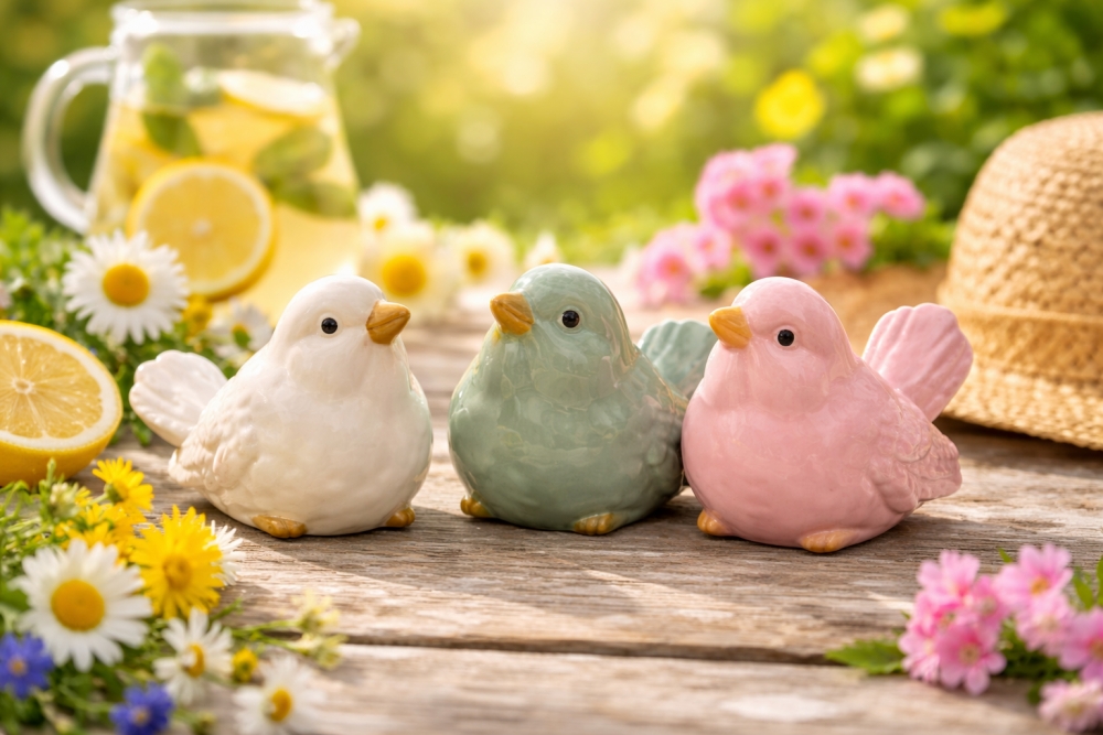 Fuglene er 9 x 5 x 6 cm i størrelse, gode farger i krem, rosa og grønn pastell.