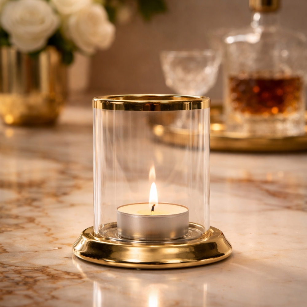 Lyslykt for telys i glass og keramikk D8 H8 cm gull.