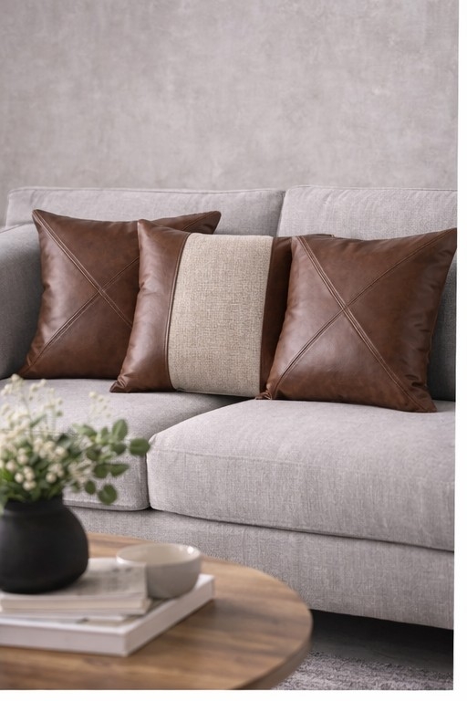 PU-skinn, bomull 45x45cm.
Bomull bakside.