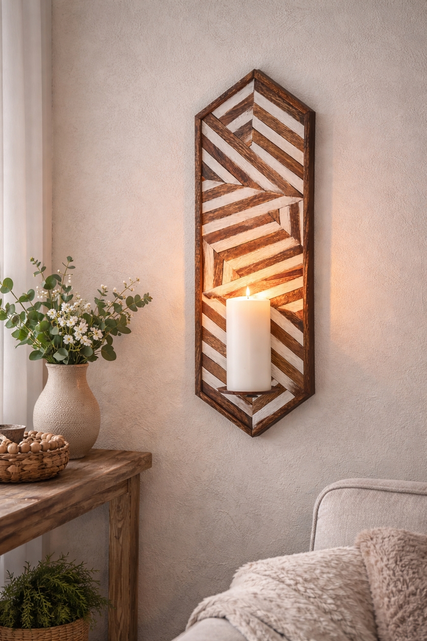 Laget av tre og metall. Passer kubbelys inntil 7 cm i diameter. 
Høyde: 60 cm
Bredde: 20 cm