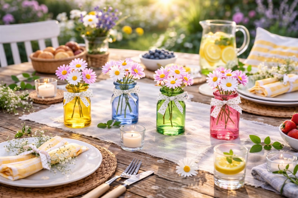Søte små glassvaser med kunstige blomster. Vasene er 10 x 4 cm med sløyfe. Koselig pynt som gir skikkelig sommerstemning på ett pyntet bord, på hyllen eller på lysfatet.