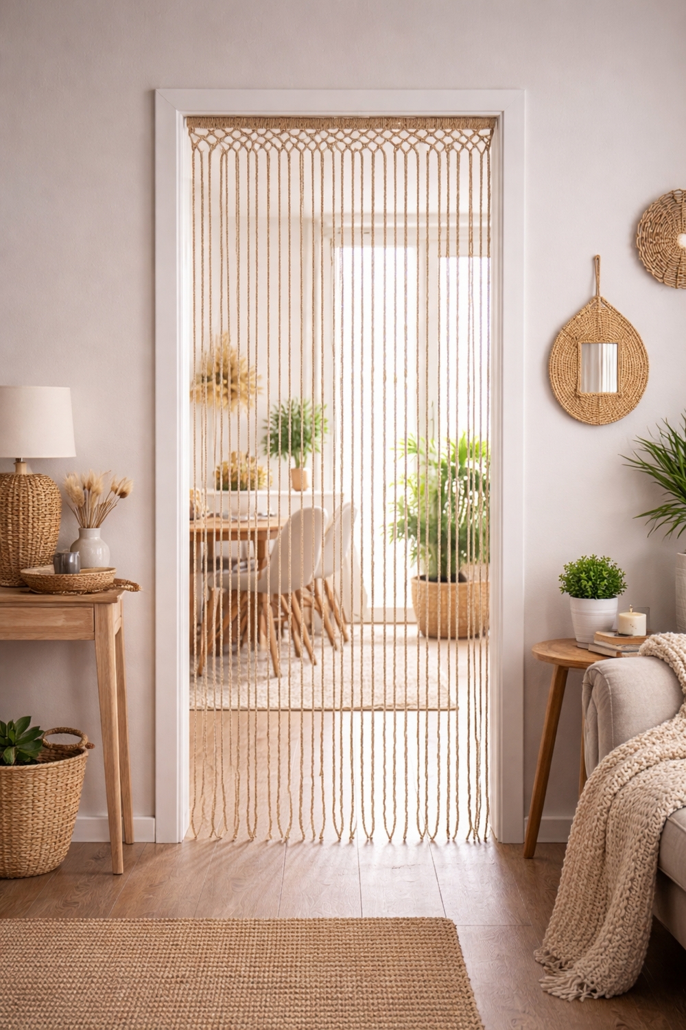 Så gøy med dørforheng som selvfølgelig kan brukes i en dør, men passer jo også veldig godt som veggpynt! Trestang med opphengskroker.