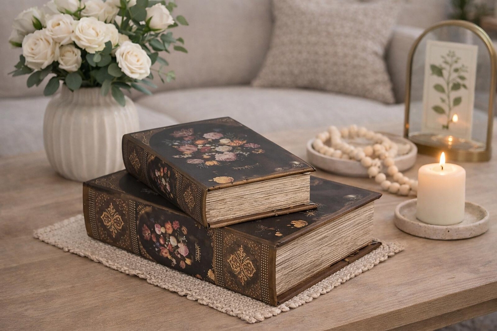 Nydelig bok med lokk til oppbevaring av diverse som kort, fjernkontroll, penn, papir eller annet småtteri som man trenger. Boken er 27 cm lang, 18 cm bred og 7 cm høy!