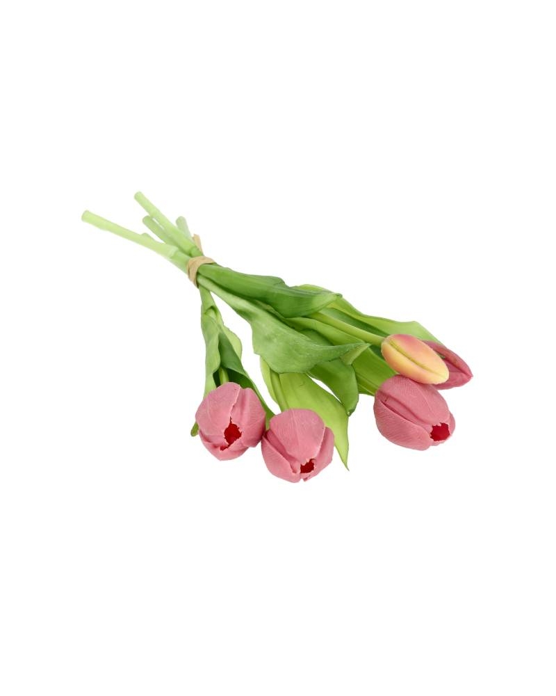 Bukett med tulipaner laget av plast. 5 tulipaner i hver bukett. Utrolig flotte og naturtro. Stilkene er ca 30 cm høye.