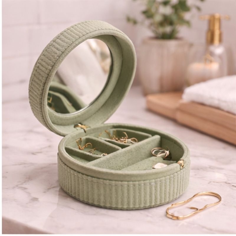 9,5 x 5,5 cm. Flere rom og speil i smykkeskrinet. Glidelås i gullfarge.